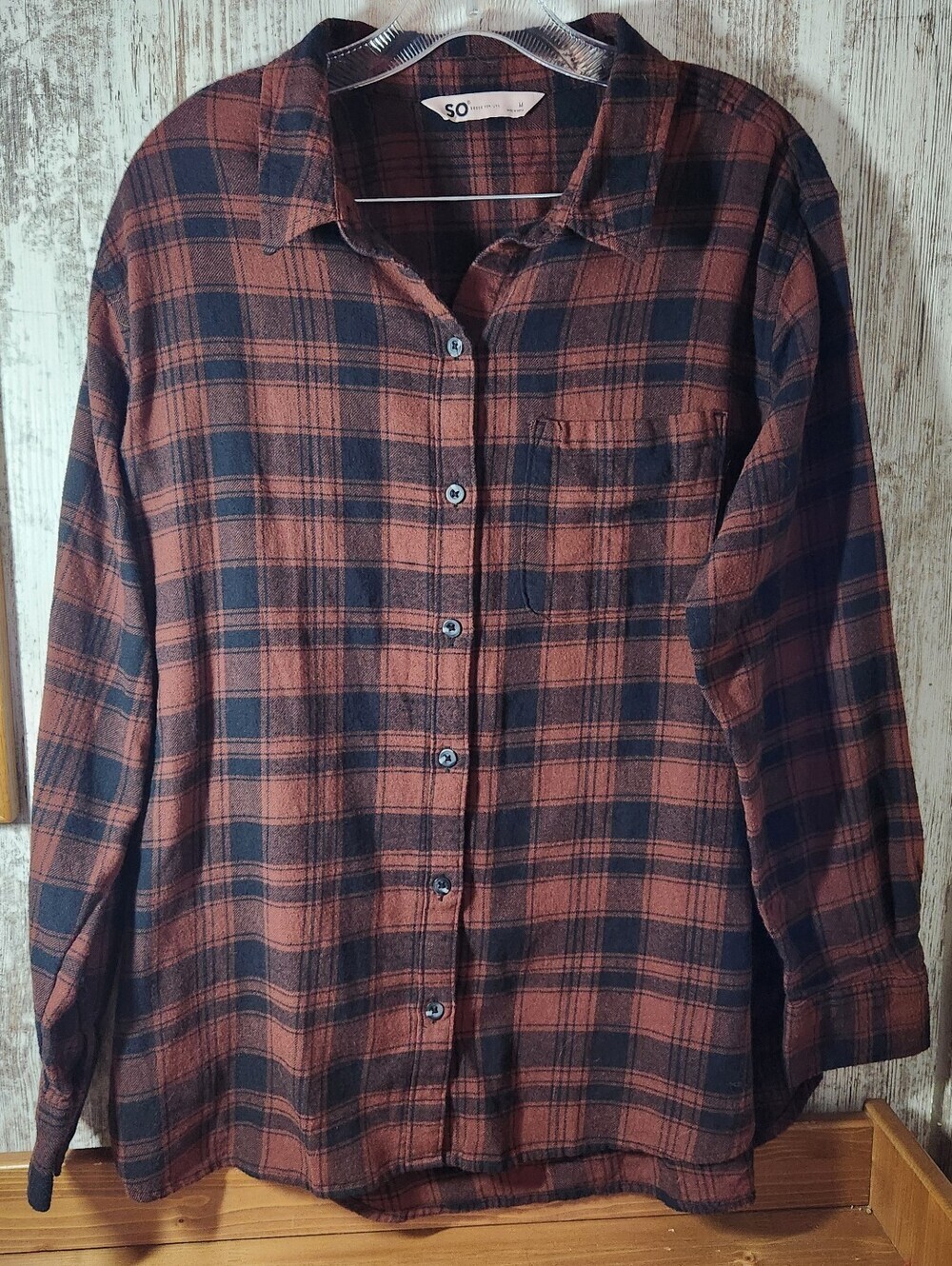 SO Women's Rust Red and Black Plaid Button-Down Shirt Red Flannel